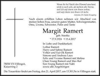 Traueranzeige von Margit Ramert von VRM Trauer