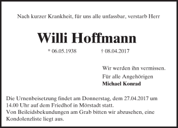 Traueranzeige von Willi Hoffmann von Trauerportal Rhein Main Presse