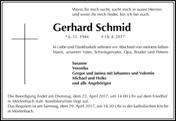 Traueranzeige von Gerhard Schmid von Trauerportal Echo Online