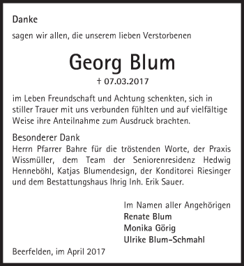 Traueranzeige von Georg Blum von Trauerportal Echo Online