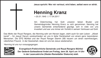 Traueranzeige von Henning Kranz von Trauerportal Echo Online