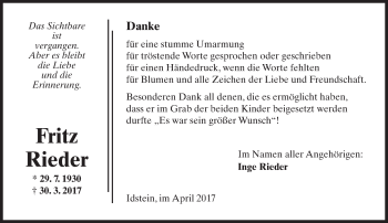 Traueranzeige von Fritz Rieder von Trauerportal Rhein Main Presse