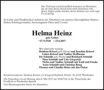 Traueranzeige von Helma Heinz von Trauerportal Rhein Main Presse