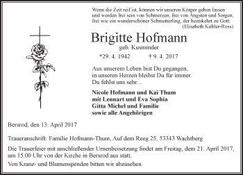 Traueranzeige von Brigitte Hofmann von  Gießener Anzeiger