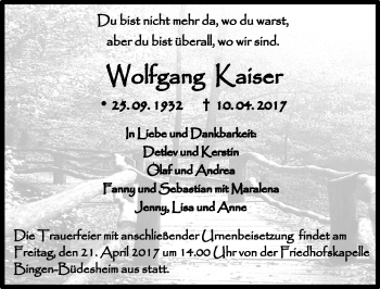 Traueranzeige von Wolfgang Kaiser von Trauerportal Rhein Main Presse