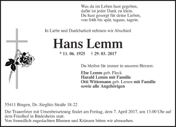 Traueranzeige von Hans Lemm von Trauerportal Rhein Main Presse