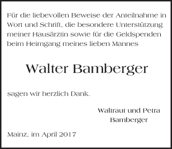 Traueranzeige von Walter Bamberger von Trauerportal Rhein Main Presse