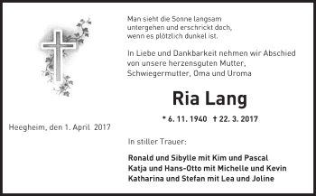 Traueranzeige von Ria Lang von  Kreisanzeiger