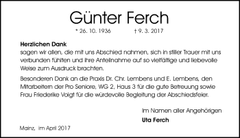 Traueranzeige von Günter Ferch von Trauerportal Rhein Main Presse