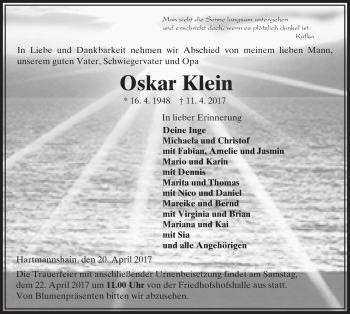 Traueranzeige von Oskar Klein von VRM Trauer