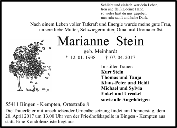 Traueranzeige von Marianne Stein von Trauerportal Rhein Main Presse