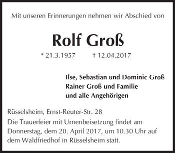 Traueranzeige von Rolf Groß von Trauerportal Rhein Main Presse