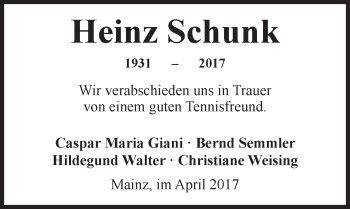 Traueranzeige von Heinz Schunk von Trauerportal Rhein Main Presse