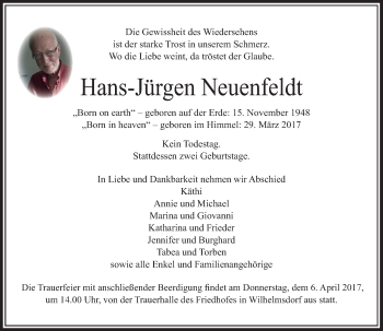 Traueranzeige von Hans-Jürgen Neuenfeldt von  Usinger Anzeiger