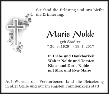 Traueranzeige von Marie Nolde von Trauerportal Echo Online