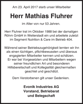 Traueranzeige von Mathias Fluhrer von Trauerportal Echo Online