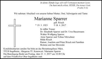 Traueranzeige von Marianne Sparrer von Trauerportal Rhein Main Presse