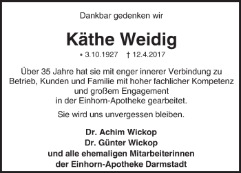 Traueranzeige von Käthe Weidig von Trauerportal Echo Online