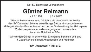 Traueranzeige von Günter Reimann von Trauerportal Echo Online