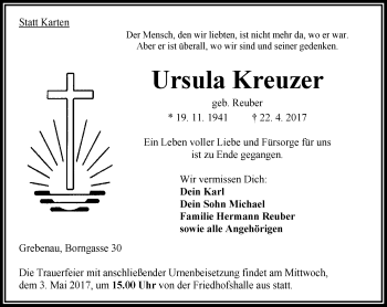 Traueranzeige von Ursula Kreuzer von VRM Trauer