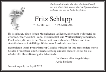 Traueranzeige von Fritz Schlapp von  Usinger Anzeiger Traueranzeige von Fritz Schlapp von  Usinger Anzeiger