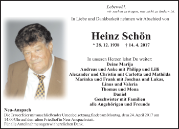 Traueranzeige von Heinz Schön von  Usinger Anzeiger