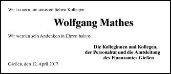 Traueranzeige von Wolfgang Mathes von  Gießener Anzeiger