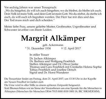 Traueranzeige von Margrit Alkämper von  Gießener Anzeiger