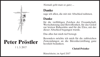 Traueranzeige von Peter Pröstler von Trauerportal Rhein Main Presse