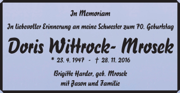 Traueranzeige von Doris  Wittrock-Mrosek von Trauerportal Rhein Main Presse