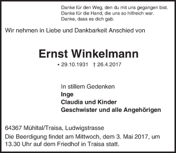 Traueranzeige von Ernst Winkelmann von Trauerportal Echo Online
