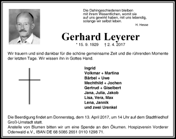 Traueranzeige von Gerhard Leyerer von Trauerportal Echo Online