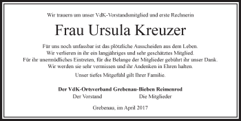 Traueranzeige von Ursula Kreuzer von VRM Trauer