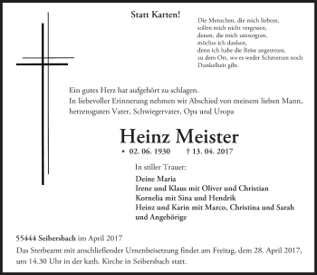 Traueranzeige von Heinz Meister von Trauerportal Rhein Main Presse