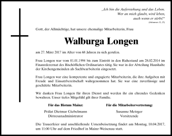Traueranzeige von Walburga Longen von Trauerportal Rhein Main Presse