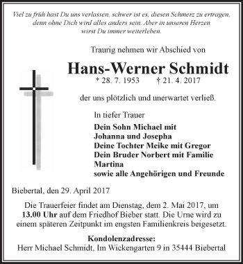Traueranzeige von Hans-Werner Schmidt von  Gießener Anzeiger