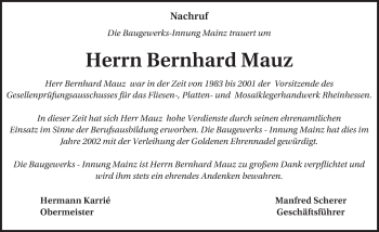 Traueranzeige von Bernhard Mauz von Trauerportal Rhein Main Presse