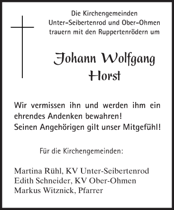 Traueranzeige von Johann Wolfgang Horst von  Gießener Anzeiger