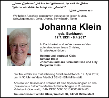 Traueranzeige von Johanna Klein von Trauerportal Echo Online