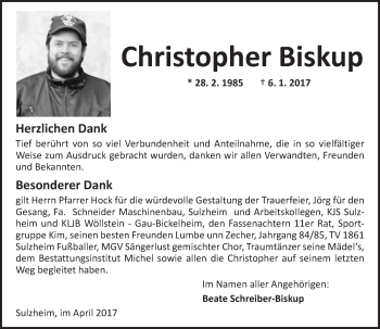 Traueranzeige von Christopher Biskup von Trauerportal Rhein Main Presse