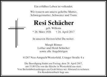 Traueranzeige von Resi Schächer von  Usinger Anzeiger Traueranzeige von Resi Schächer von  Usinger Anzeiger