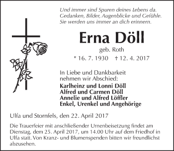 Traueranzeige von Erna Döll von  Kreisanzeiger