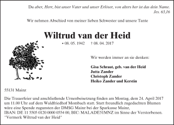 Traueranzeige von Wiltrud van der Heid von Trauerportal Rhein Main Presse