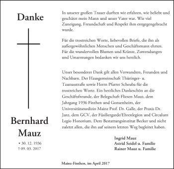 Traueranzeige von Bernhard Mauz von Trauerportal Rhein Main Presse