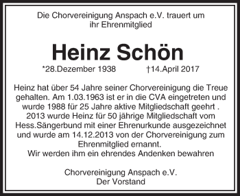 Traueranzeige von Heinz Schön von  Usinger Anzeiger