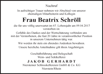 Traueranzeige von Beatrix Schröll von Trauerportal Rhein Main Presse
