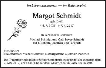 Traueranzeige von Margot Schmidt von Trauerportal Rhein Main Presse