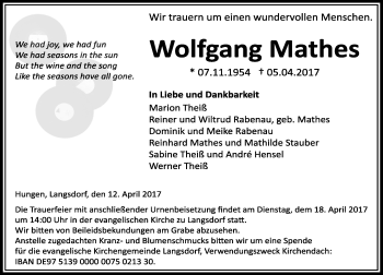 Traueranzeige von Wolfgang Mathes von  Gießener Anzeiger