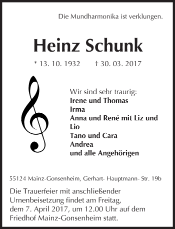 Traueranzeige von Heinz Schunk von Trauerportal Rhein Main Presse