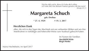 Traueranzeige von Margareta Schuch von Trauerportal Rhein Main Presse